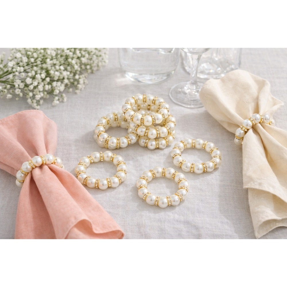 Elegant Pearl Rhinestone Napkin Rings Set of 8 Purchased New Never Used - Picture 2 of 7